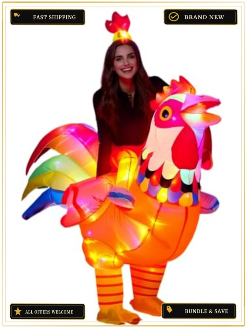 Adult Inflatable Ride-On Rooster Costume LED Lights Funny Glow Halloween